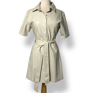 Steve Madden Cream Bone Faux Leather Short Sleeve Snap Up Dress Sz 6 Belted